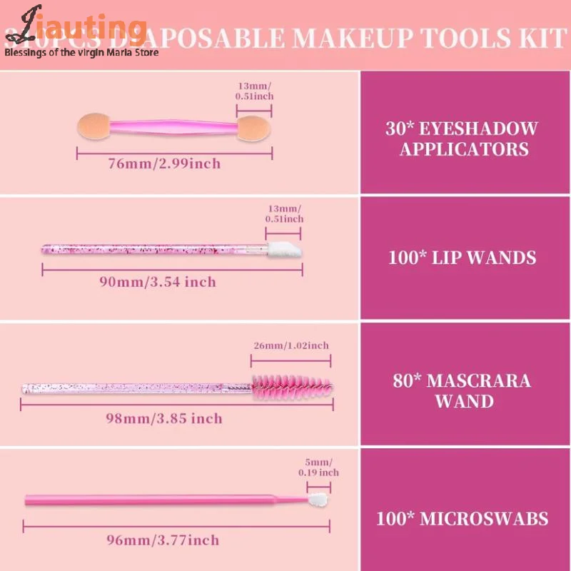 310 szt. Zestaw dla wizażysty, niezbędne akcesoria, jednorazowe aplikatory do makijażu, szczoteczki do tuszu, aplikatory do ust, jednorazowe mikro waciki, cienie do powiek