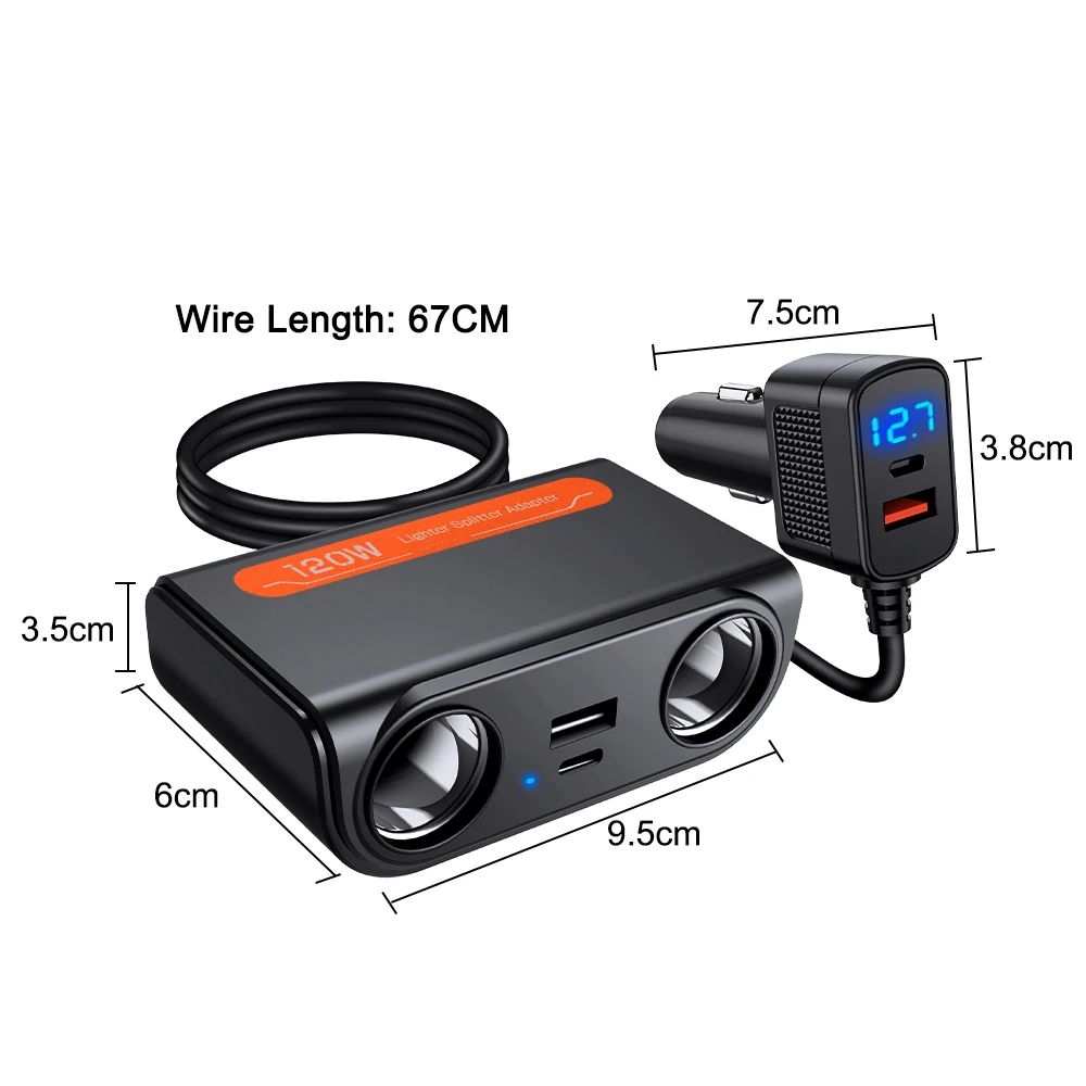 Extractme 3 in 1 Dual USB PD Socket 120W Car Cigarette Lighter Splitter 12V 24V Fast Charger Plug Phone Power Adapter for Car