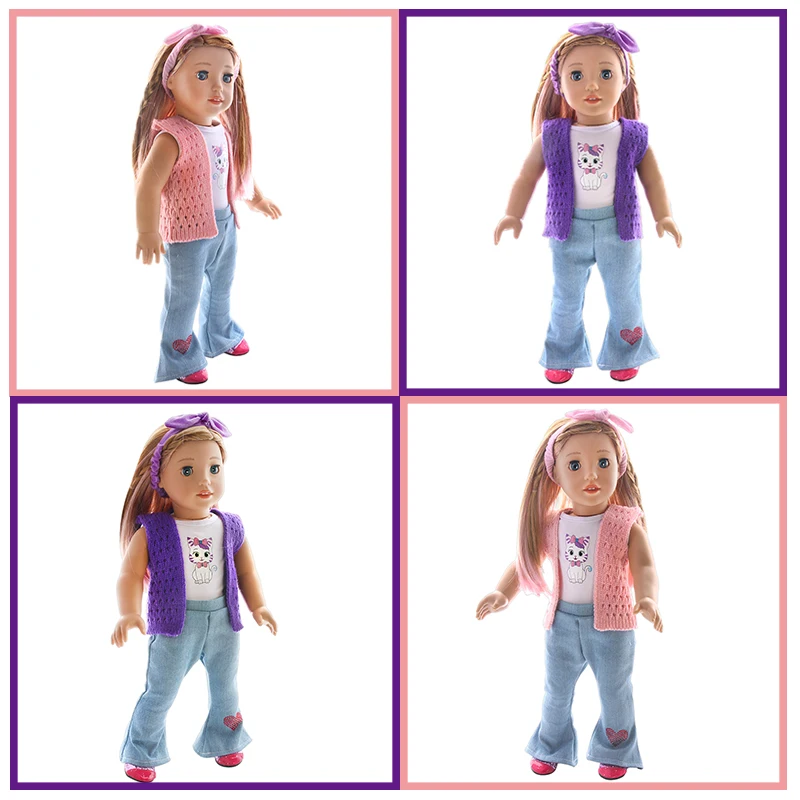 

18 inch doll girl fashion denim suit knitted vest short sleeved jeans with same color hair strap doll minimalist set accessories