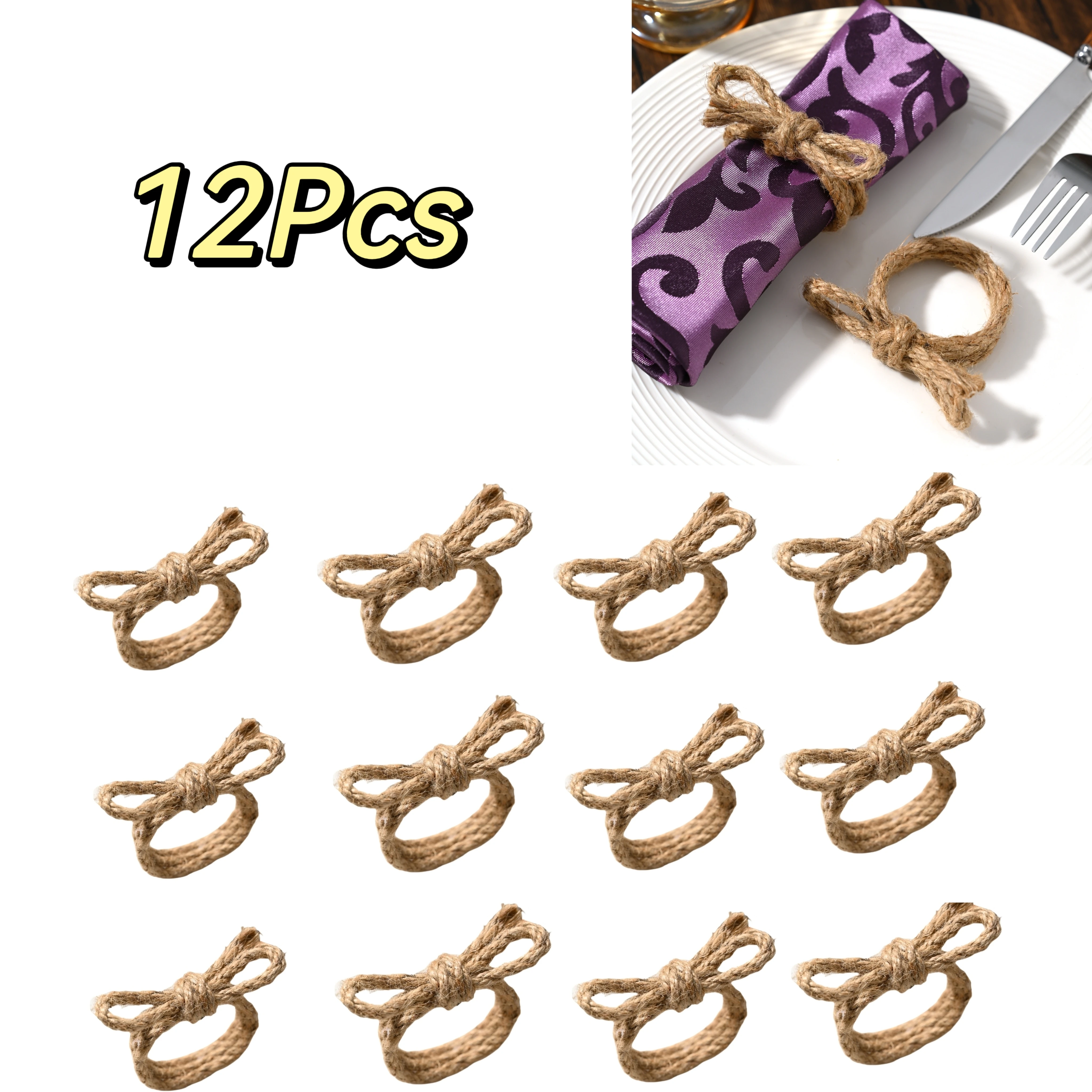 Juego de servilletas con lazo trenzado de lino de 12 piezas, servilletero de yute trenzado hecho a mano con forma de flor, decoración de mesa,