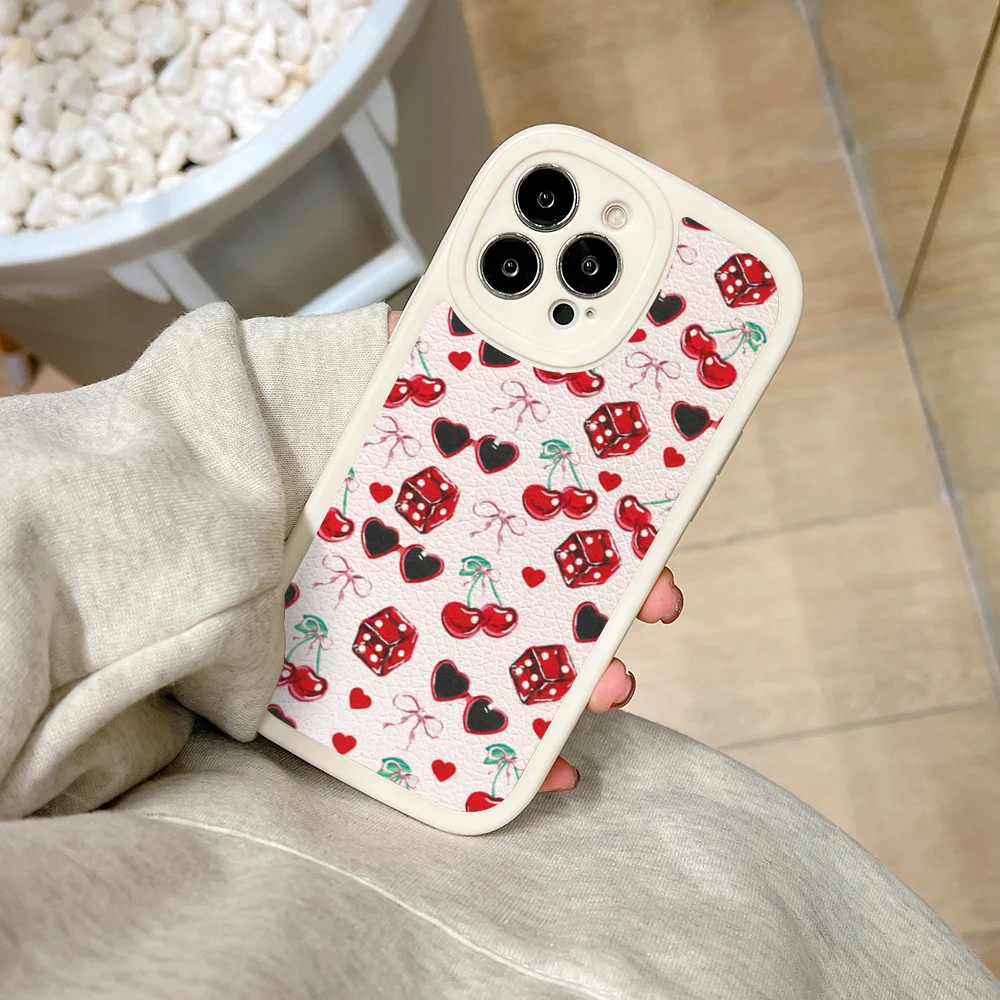 Cherries Hearts Dice Bows Phone Case For IPhone 11 12 13 14 15 Plus Pro Max PU Leather Silicon Soft Cover