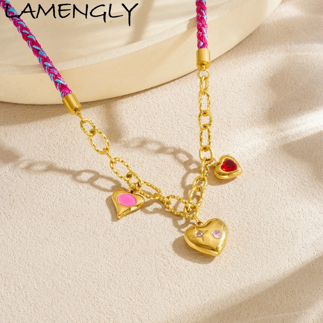 

LAMENGLY 316L Stainless Steel Colorful Woven Rope Chain Zircon Inlay Multiple Heart Pendant Necklace Lady Novel Charming Jewelry