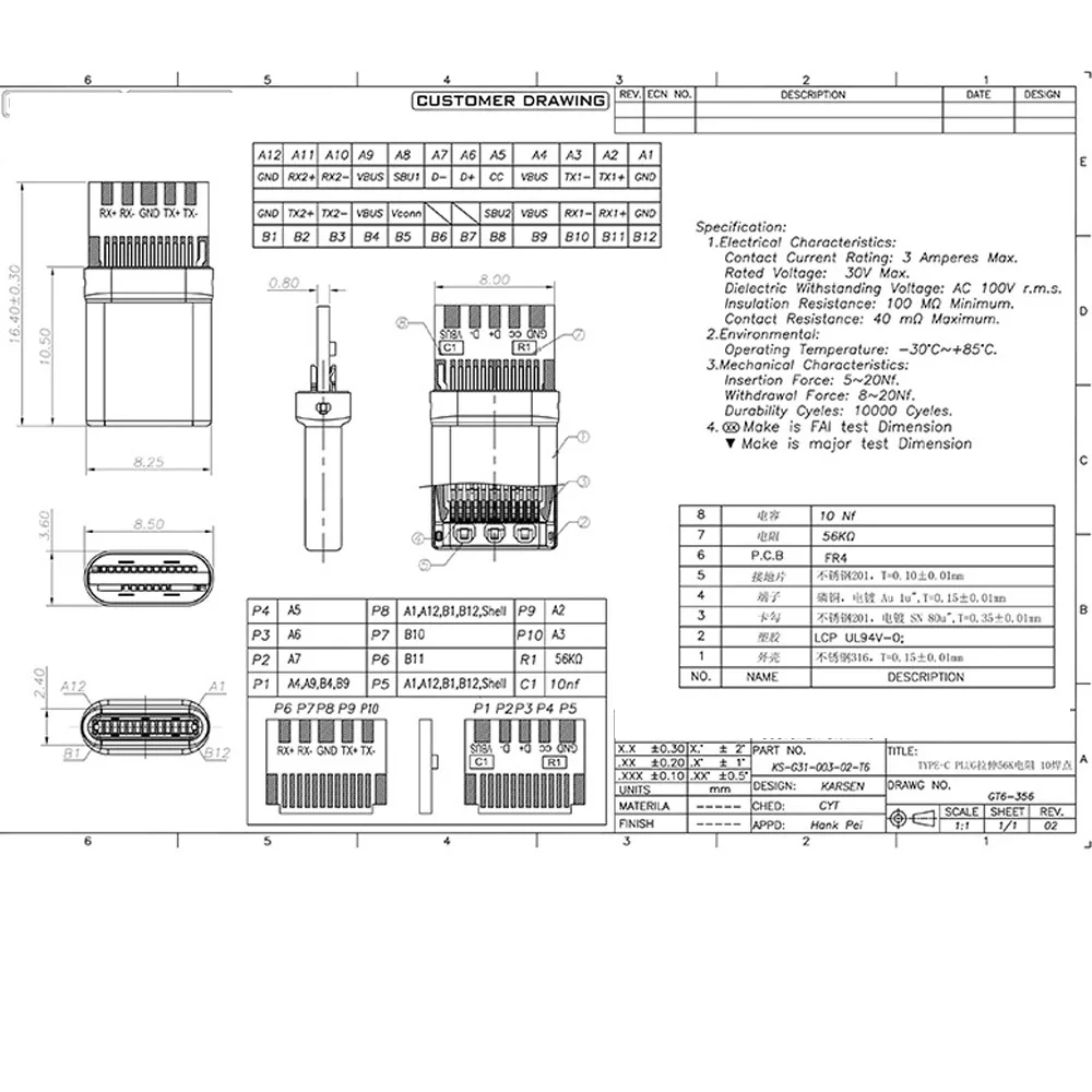 USB 3.0 Tipo C PD Conector de carregamento rápido com placa, soquete masculino, receptáculo através de furos, 8 pinos, suporte PCB Board