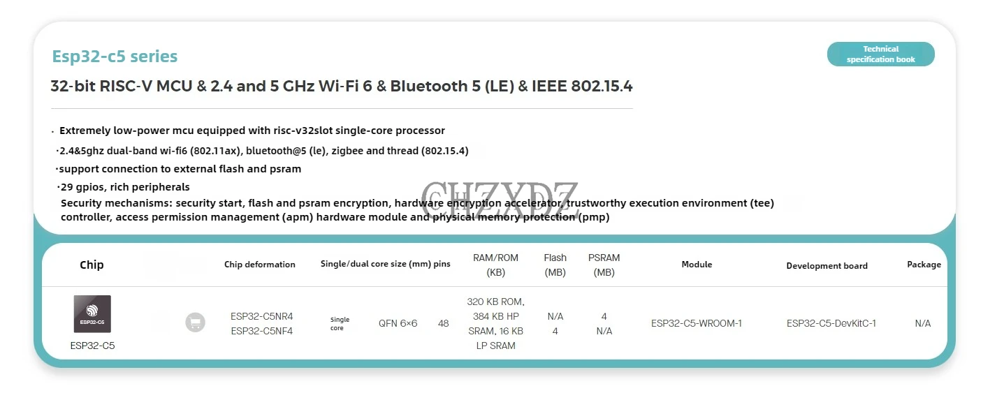 New product pre-sale ESP32-C5 series SMD chip 32-bit RISC-V MCU & 2.4 and 5 GHz Wi-Fi 6 & Bluetooth 5 (LE) & IEEE 802.15.4