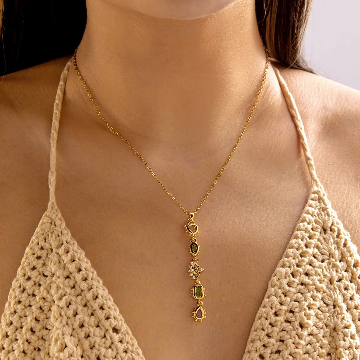 Glänzende Zirkon-Halskette mit geometrischen Verbindungsstücken und Quasten aus Edelstahl für Damen und Herren, Herz, Auge, Wassertropfen, Sonne, Mond, Stern, Choker-Schmuck – Detail 13