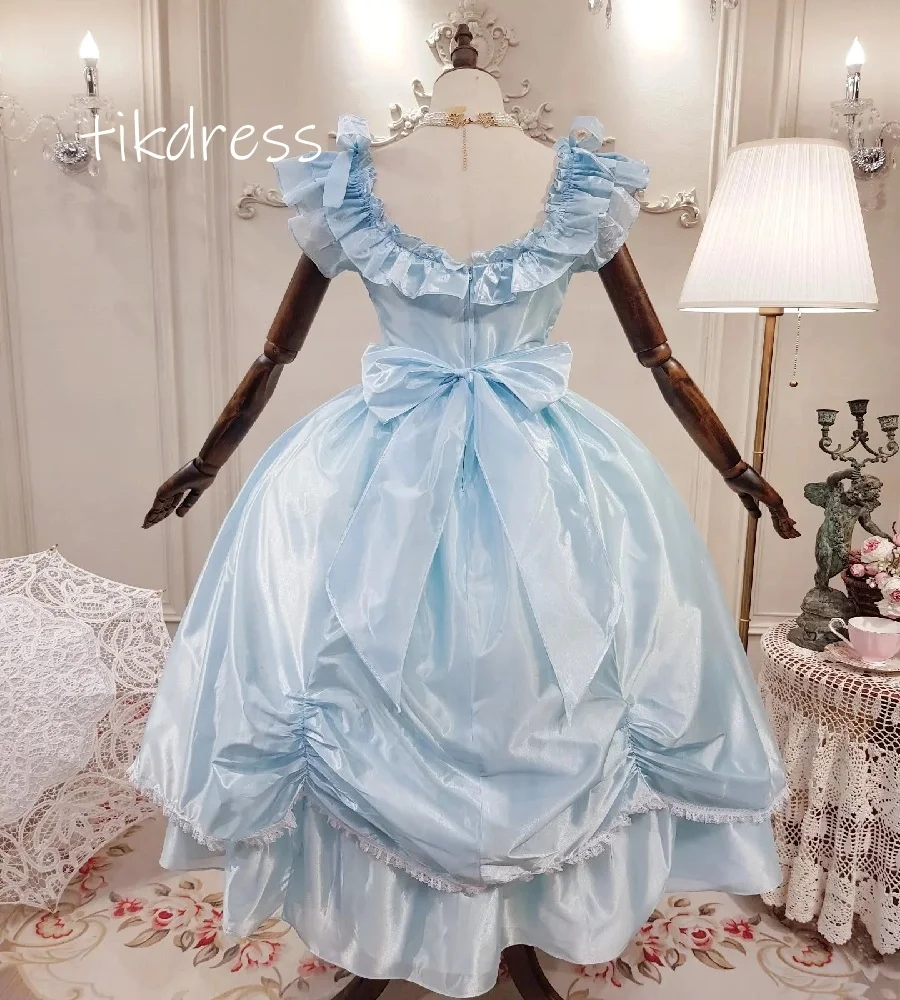 

Retro Blue Cosply Prom Dress Pleat Short Sleeve Scoop Evening Dress 1860s Vintage Formal Occasion Party Medieval Gown Customized
