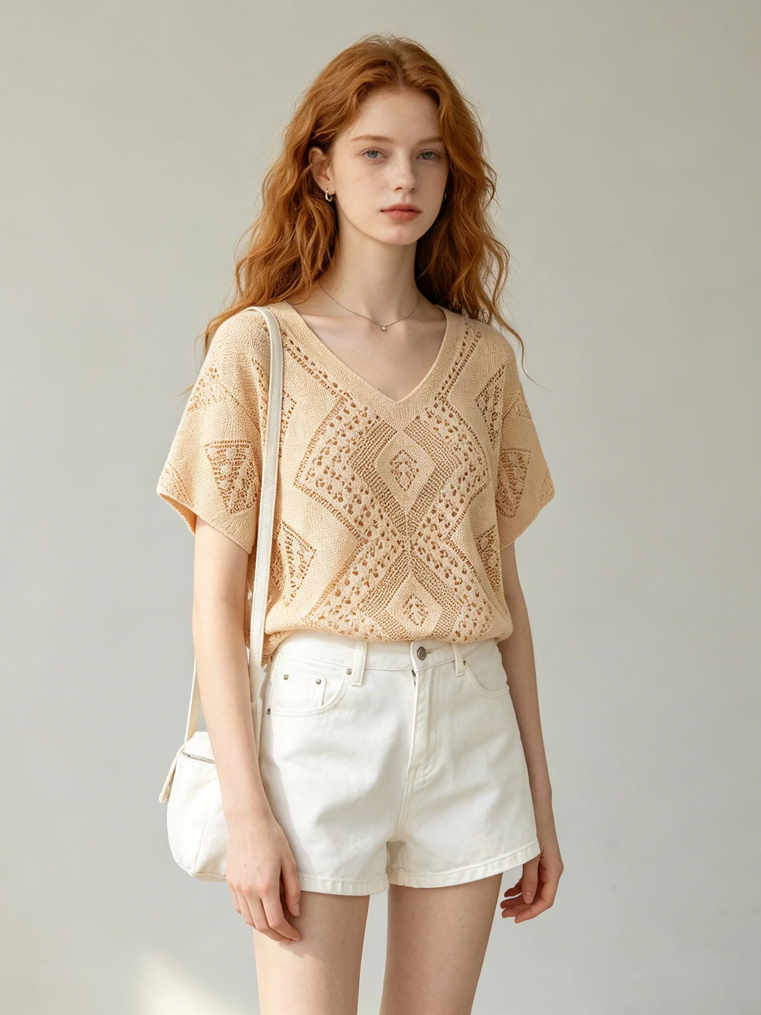 

Women's Summer V-Neck Short Sleeve Hollow Knitted Top Loose Simple Tank Vest Two-Piece Set Breathable Casual Fashion Outfit