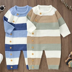 New Baby Boy Girl Knitted Striped One-Piece Romper Single-Breasted Jumpsuit Autumn Winter Stuff Clothes Bodysuits New Born Items