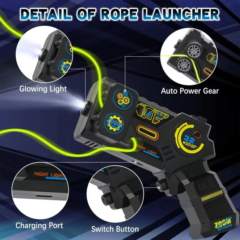 Giocattolo lanciatore di corde che si illumina al buio, pistola a corda elettrica portatile luminosa, giocattolo per feste notturne Fidget antistress per bambini