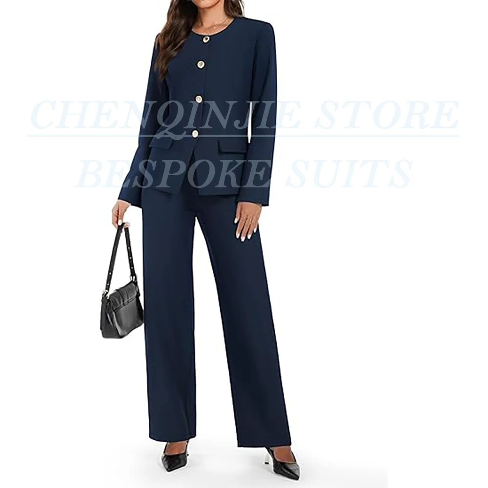 

Navy Blue Women Suits Fashion Single Breasted Collarless 2 Piece Jacket Pants Full Sets Office Work Female Outfits Blazer