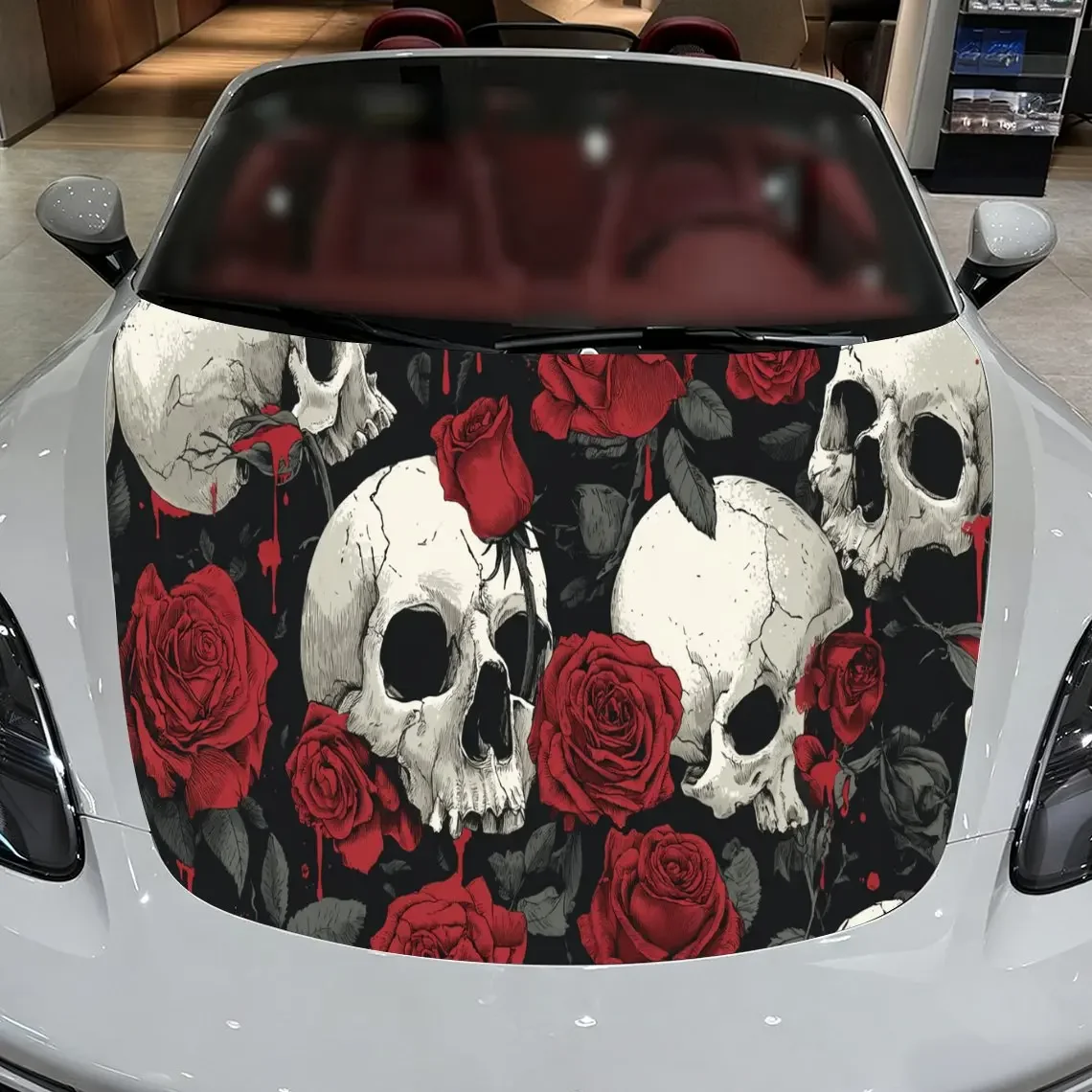 

Skulls Red Roses Car Hood Sticker PVC Self Waterproof Stick, Striking Auto Exterior Accessories Decor Protect Gift for Car Lover