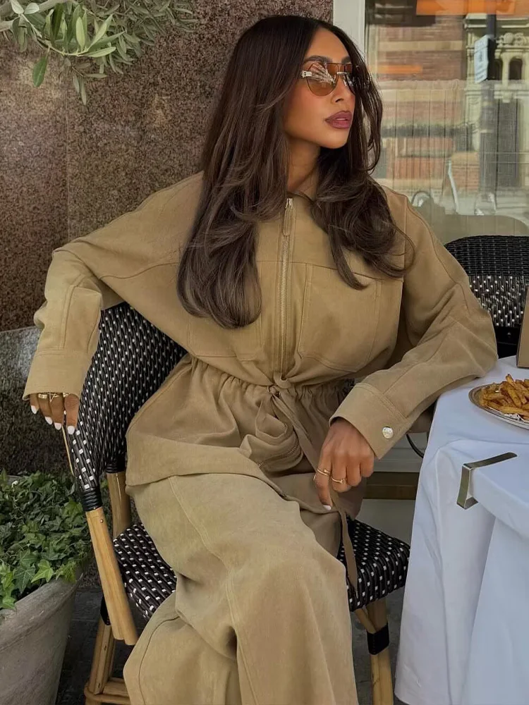 HH المرأة طويلة الأكمام حزام التلبيب سستة جيب معطف الرباط عالية الخصر مرونة الخصر بنطال ذو قصة أرجل واسعة الخريف شيك 2 قطعة مجموعة