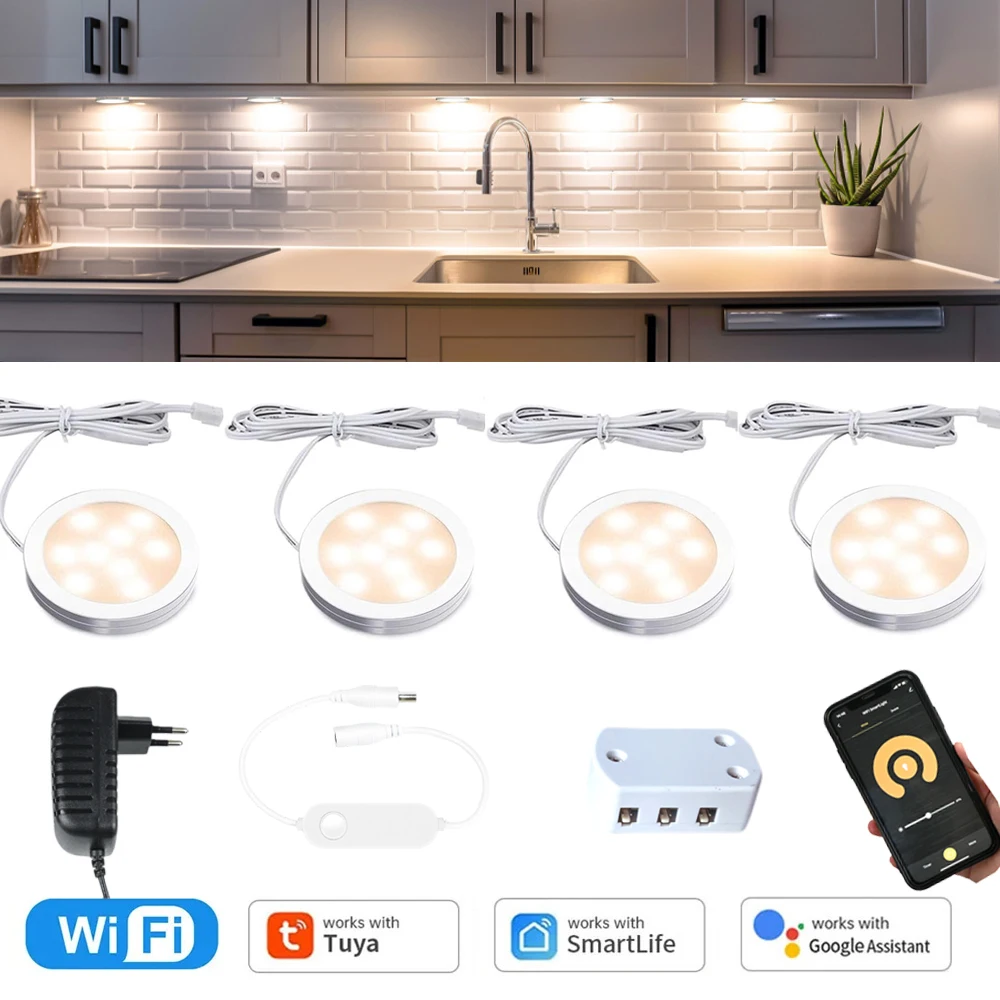 3 4 6 9 Pack Tuya WiFi Round LED Under Cabinet Light Dimmable Closet Kitchen Wardrobe Cupboard Showcase Lamp Fr Alexa Google Hom