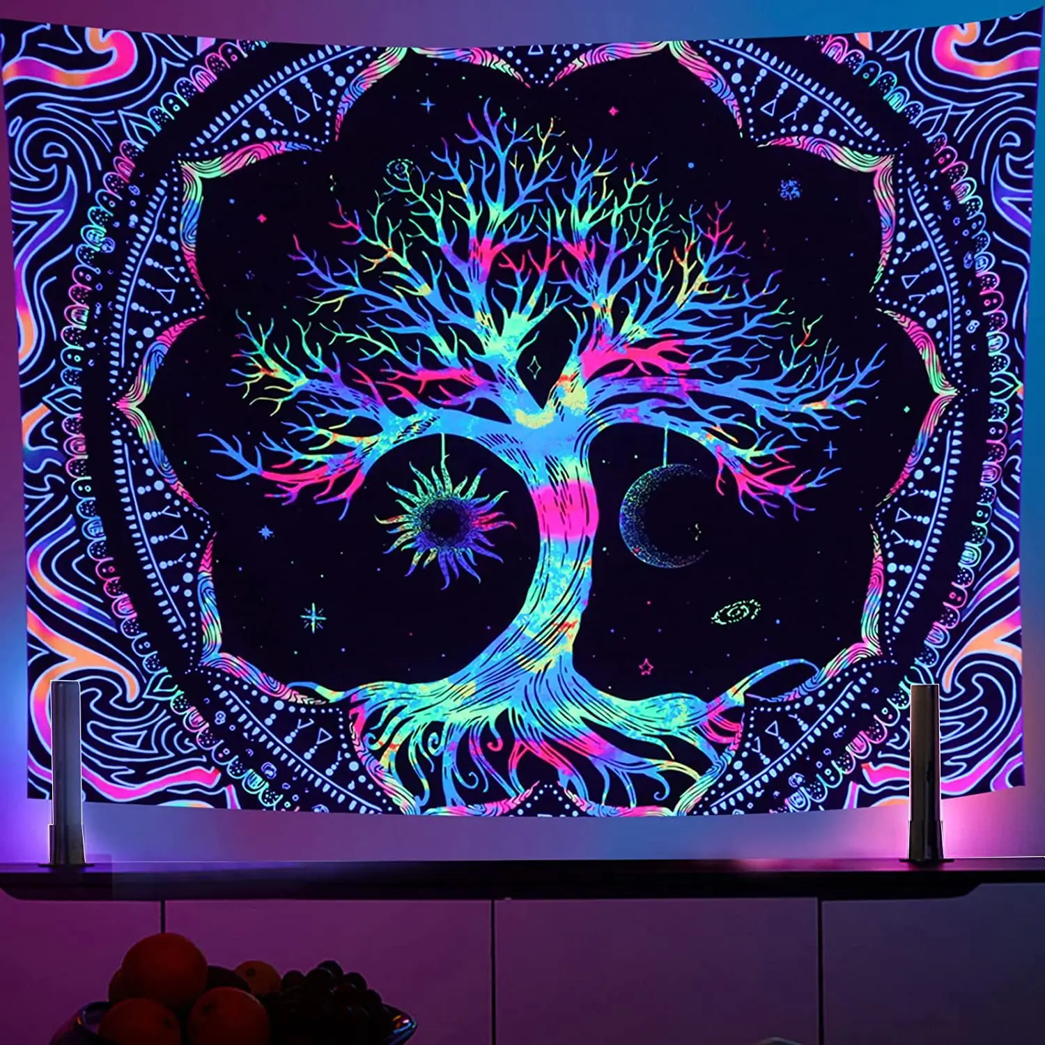 1pc Colorful Bohemian Style Tapestry Tree of Life Science Fiction Skeleton Print Fluorescent Tapestry  for Home Gift Decoration