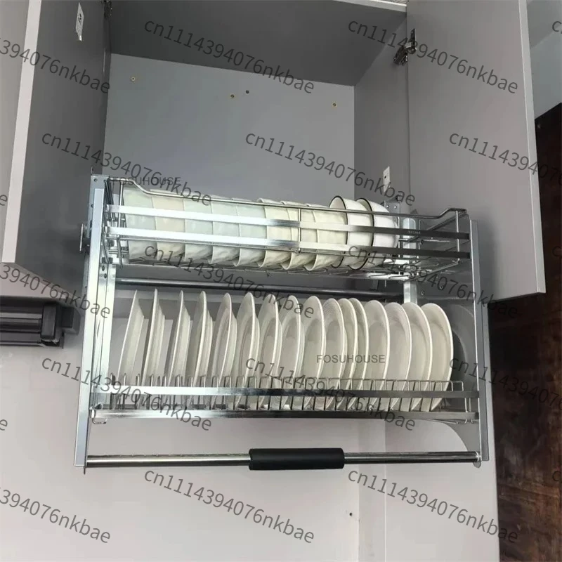 Stainless Steel Double Layer Pull-Down Lift-Up Basket Built-in Wall Cabinet Pull-out Dish Rack For Kitchen Storage