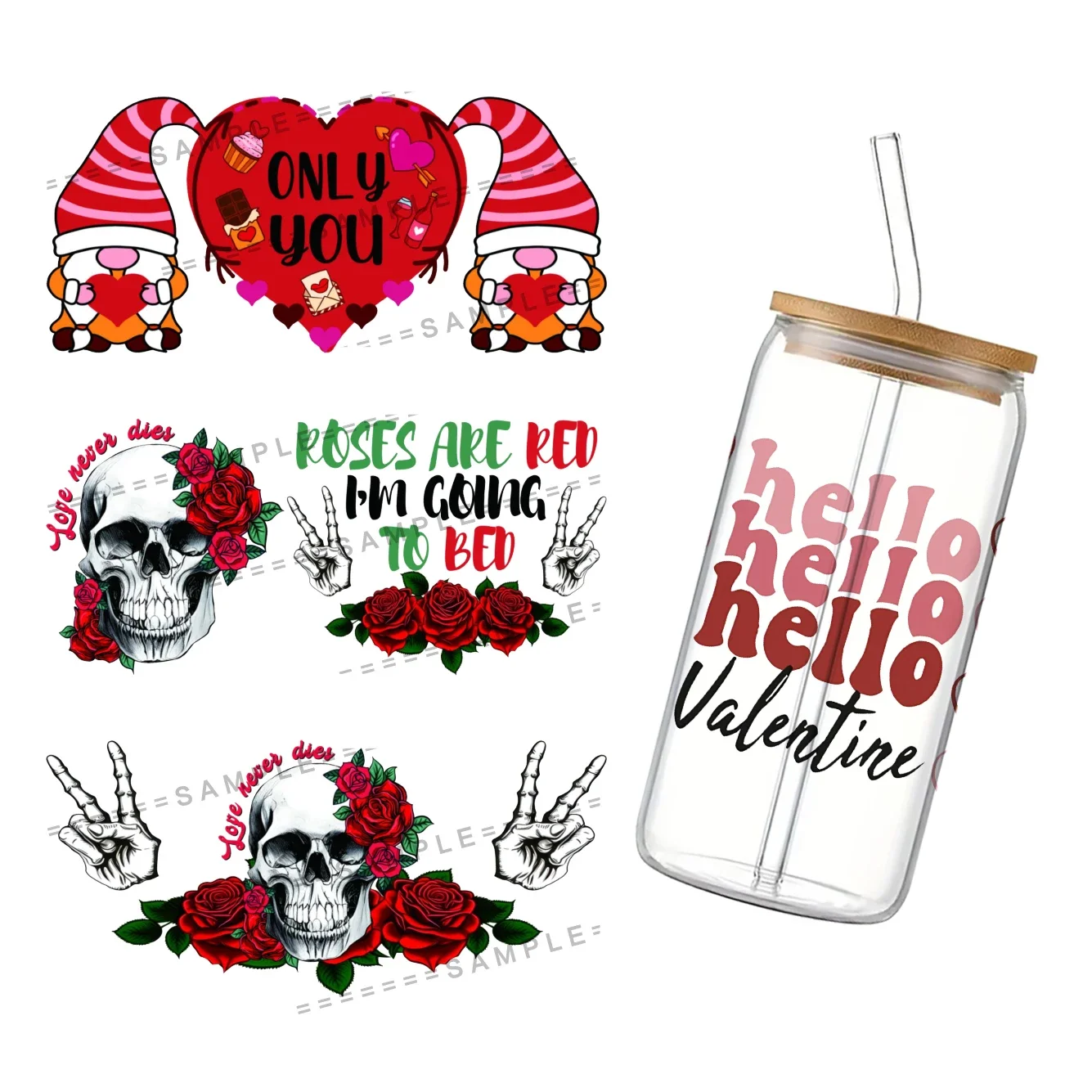 11x24cm Skeleton Rose Valentine's Day UV DTF Cup Wrap for 16Oz Libbey Red Hearts Glass Can DIY Transfer Sticker