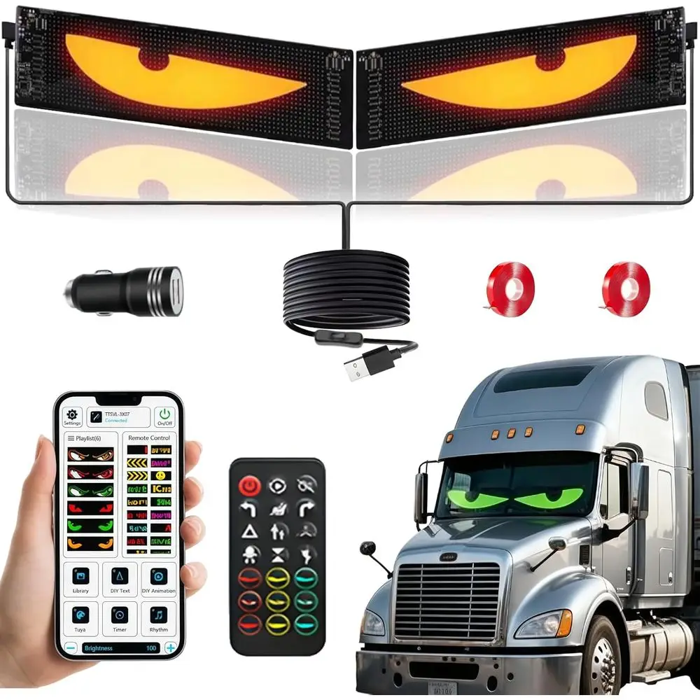 

Car Windshield LED Devil Eyes - 2PCS Flexible Programmable Scrolling Lights, Customizable Colors, Animations, & Text via Bluetoo