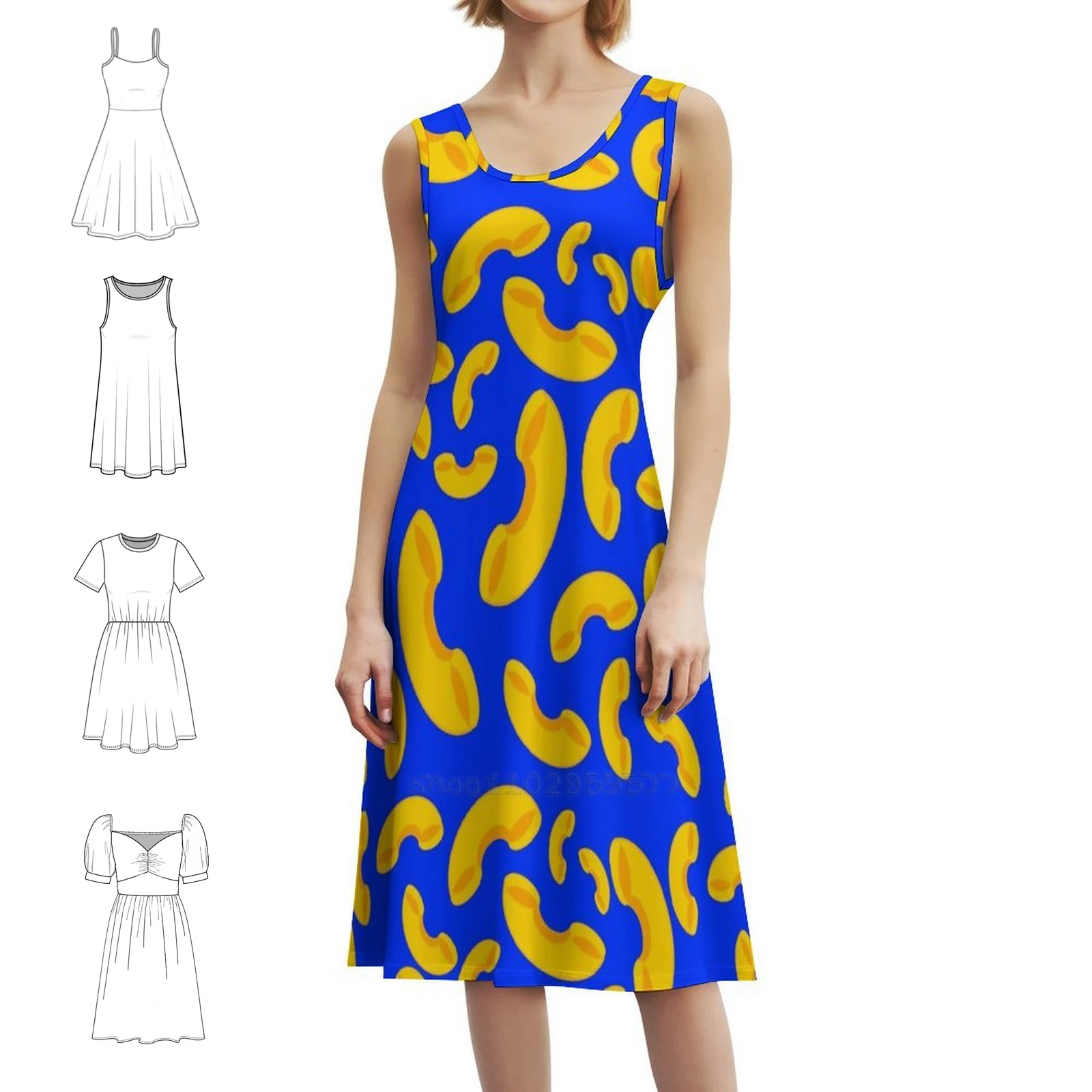 فستان بوهيمي من الجبن بدون أكمام، فستان متعدد الطباعات لحفلات العطلات على الشاطئ وفساتين نسائية من جبنة معكرونة الجبن