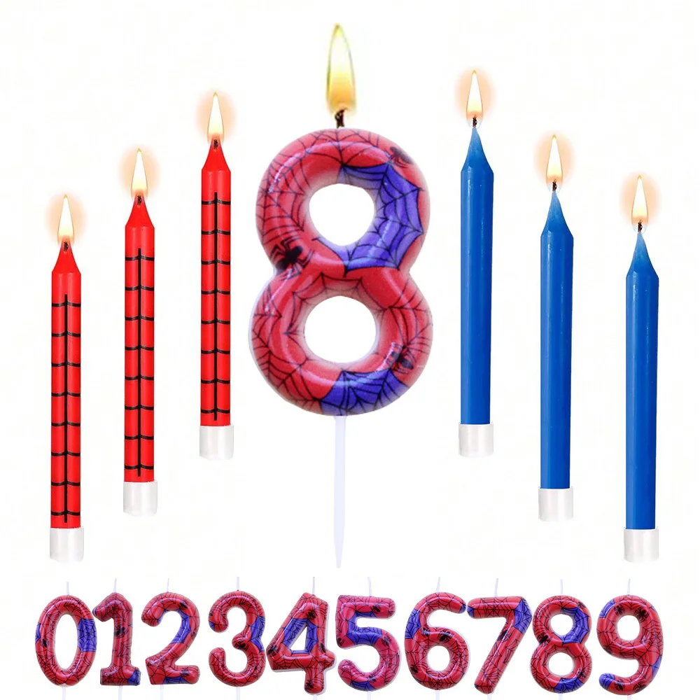 7pcs Red Blue Spider 8th Birthday Number Candles, Number 0-9 Candle Cake Topper Decorations for Spider Cartoon Themed Parties