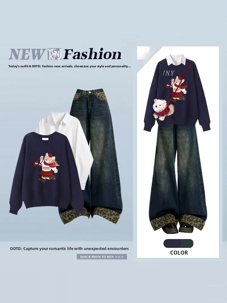 Schattige retro cartoon beer blauw rond ne sweatshirt casual winter irt top luipaardprint jeans set dames Faion Ensemble