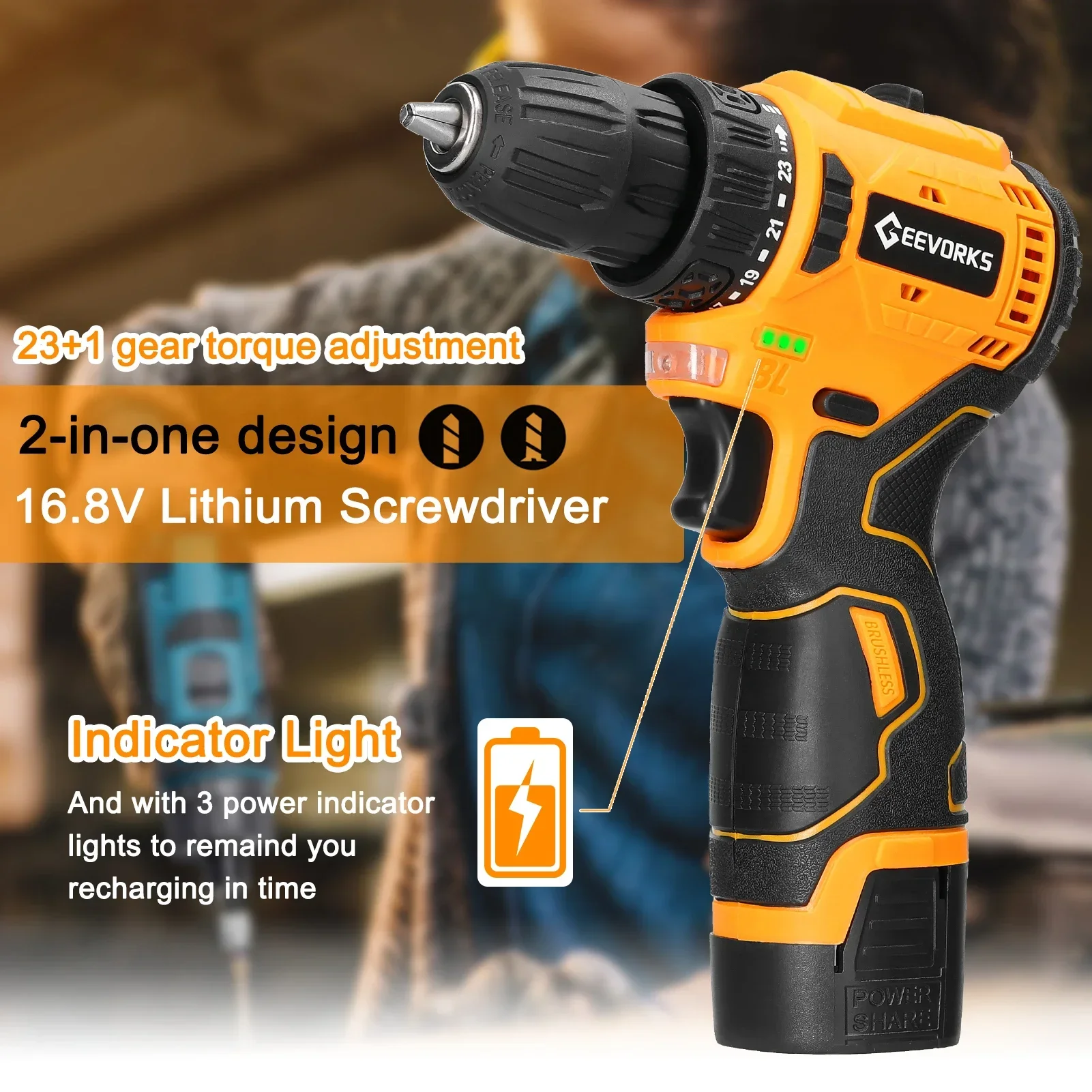 16.8V Mini Electric Drill Household Brushless Motor Electric Screwdriver Home Rechargeable Li-ion Battery Power Tools