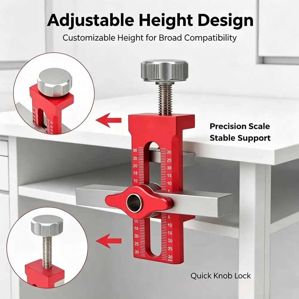 2‑in‑1 Aluminum Cabinet Door Installation Positioner, Adjustable Drilling Depth Locator Jig for Wardrobe Door Panel Mounting