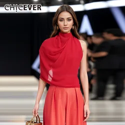 CHICEVER Irregular Solid Shirts For Women Pile Collar Half Sleeve Off One Shoulder Backless Folds Casual Loose Blouse Female New