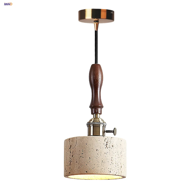 

IWHD Wood Walnut LED Pendant Light Fixture Yellow Travertine Stone Study Living Room Kitchen Wabi Sabi Knob Switch Hanging Lamp