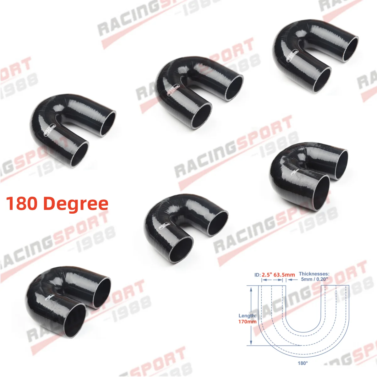 

180 Degree Elbow General Silicone Coolant Intercooler Pipe Tube Hose ID 57mm 60mm 64mm 70mm 76mm 80mm 85mm 89mm