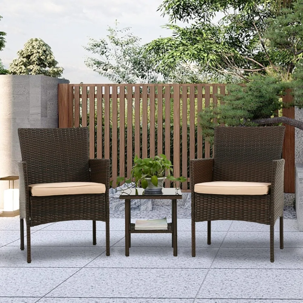 Patio Bistro Conversation Set Wicker Furniture 2 Rattan Chairs Cushions and Glass Coffee Table for Lawn Garden Balcony Backyard