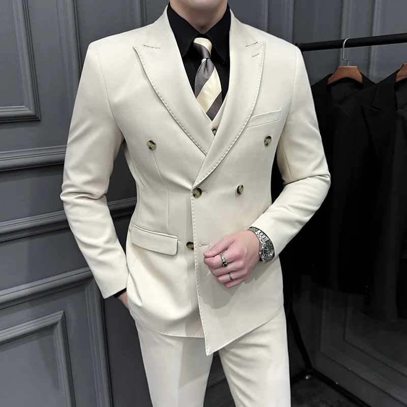 

Gun Lapel Collar Double Breasted Advanced Color (suit + Trousers) 2024 New Men's Fashion Casual Wedding Suit Set Two-piece