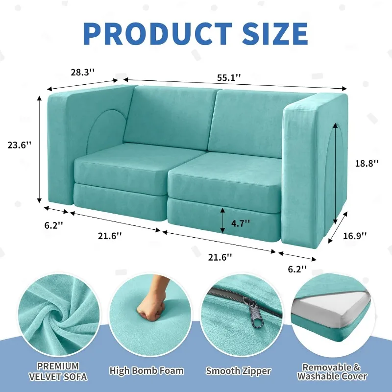 10 PCS Modular Play Couch for Playroom Bedroom 10in1 Multifunctional Sofa Playing Creativing Sleeping Indoor Couch Ice-Snow Blue