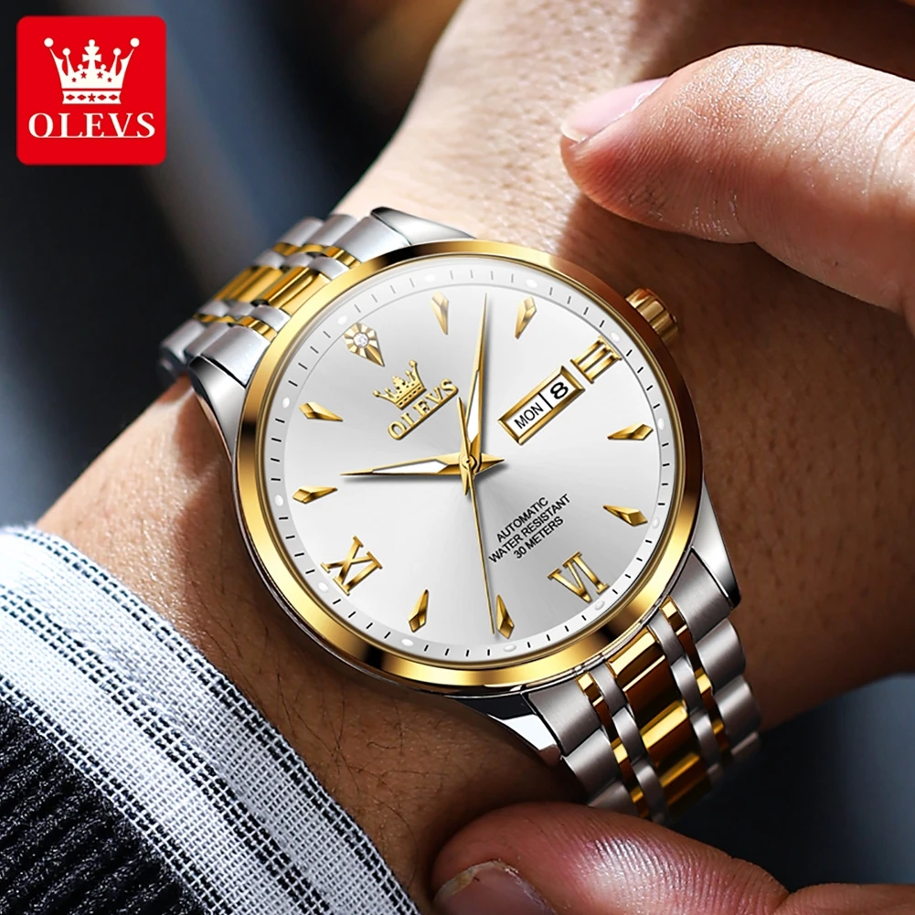 OLEVS Men Watches Classic Dual Calendar Display Waterproof Luminous Business Men's Automatic Mechanical Wristwatch