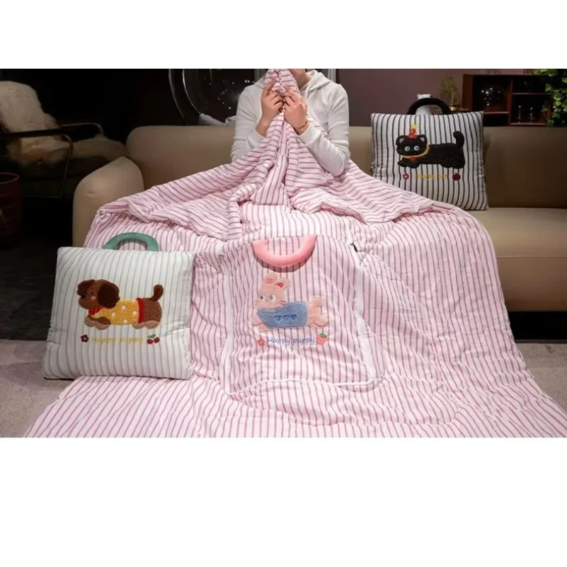 Cartoon Striped Pillow Blanket 2-in-1 Air Conditioner Quilt for Car Soft Breathable Multi-Use Nap Blanket Women Gift
