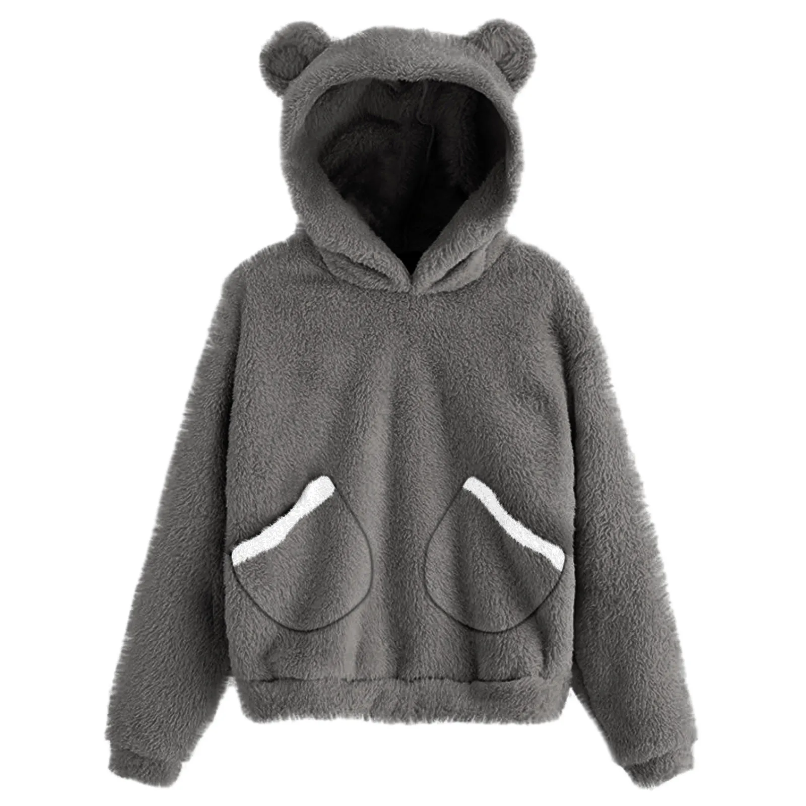 Winter Thick Warm Plush Coat Velvet Cashmere Women Hoody Sweatshirt Long Sleeve Fleece Warm Bear Shape Fuzzy Hoodie Pullover