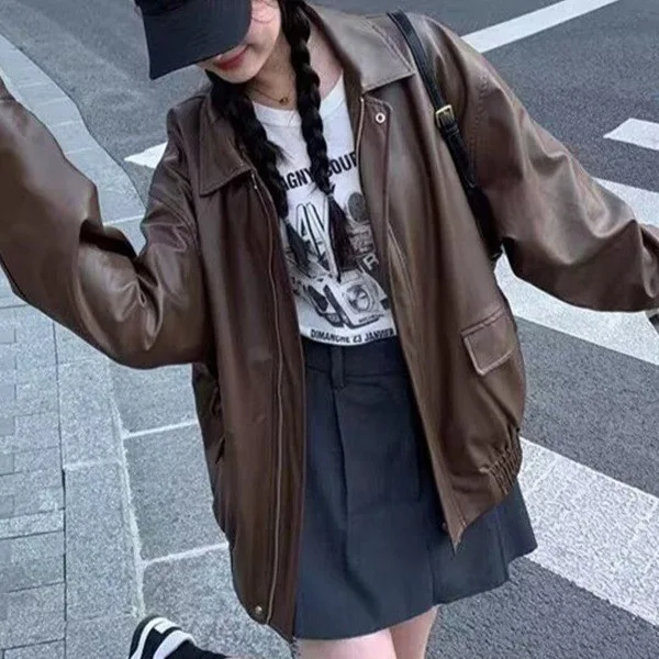 

Women's Jacket Fall New Black Long Sleeve Pebble Faux Leather Jacket Motorcycle Style Personality Fashion