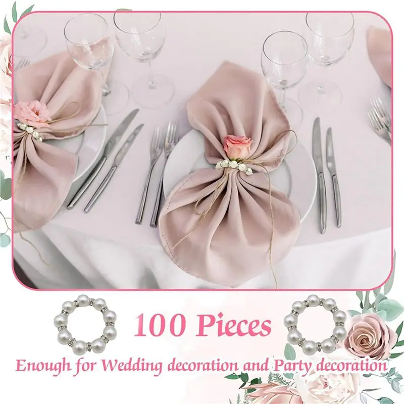 KYCOR-200Pcs Pearl Napkin Rings Napkin Ring Holder Imitation Beaded Napkin Rings Elegant Rhinestone Serviette Rings Buckle