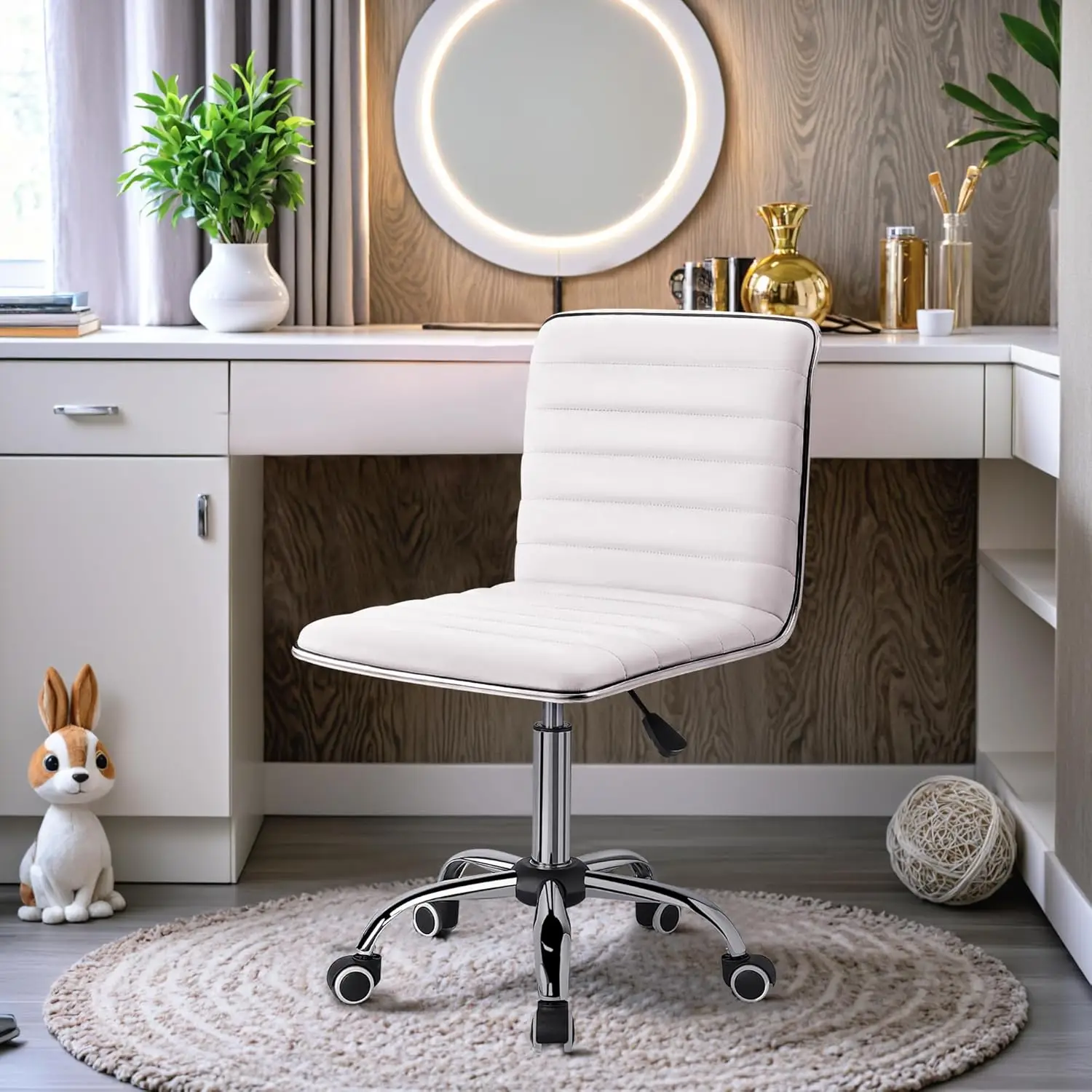 Mid Back Vanity Chair for Makeup Room, Low Back PU Leather Swivel Computer Desk Chair, Task and Office Chair Retro (White)