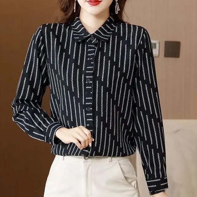 Women\'s Spring and Autumn Fashion Commuter Polo Neck Striped Button Casual Versatile Long Sleeved Loose Chiffon Shirt Tops