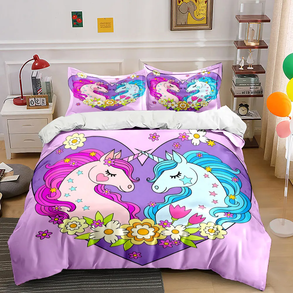 Colorful unicorns with floral heart Bedding Set for Kids Luxury Gift 3pcs Digital Print Comforter Set Soft Comfortable