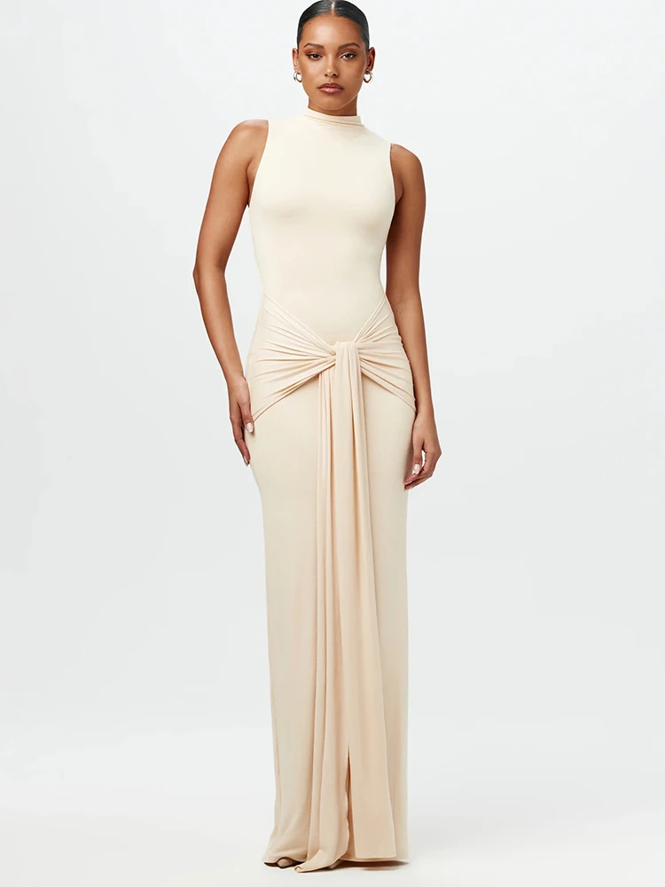Sibybo Fashion Elegance Sleeveless Ribbon Long Dress Basics Solid Color Skinny Robe 2024 Temperament Women Club Party Dress image 6