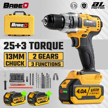 BABEQ 13 MM 180NM Borstelloze Elektrische Klopboormachine 3 Functies Accuschroevendraaier Boor 4.0Ah Li-Ion Batterijen DIY Power Tool