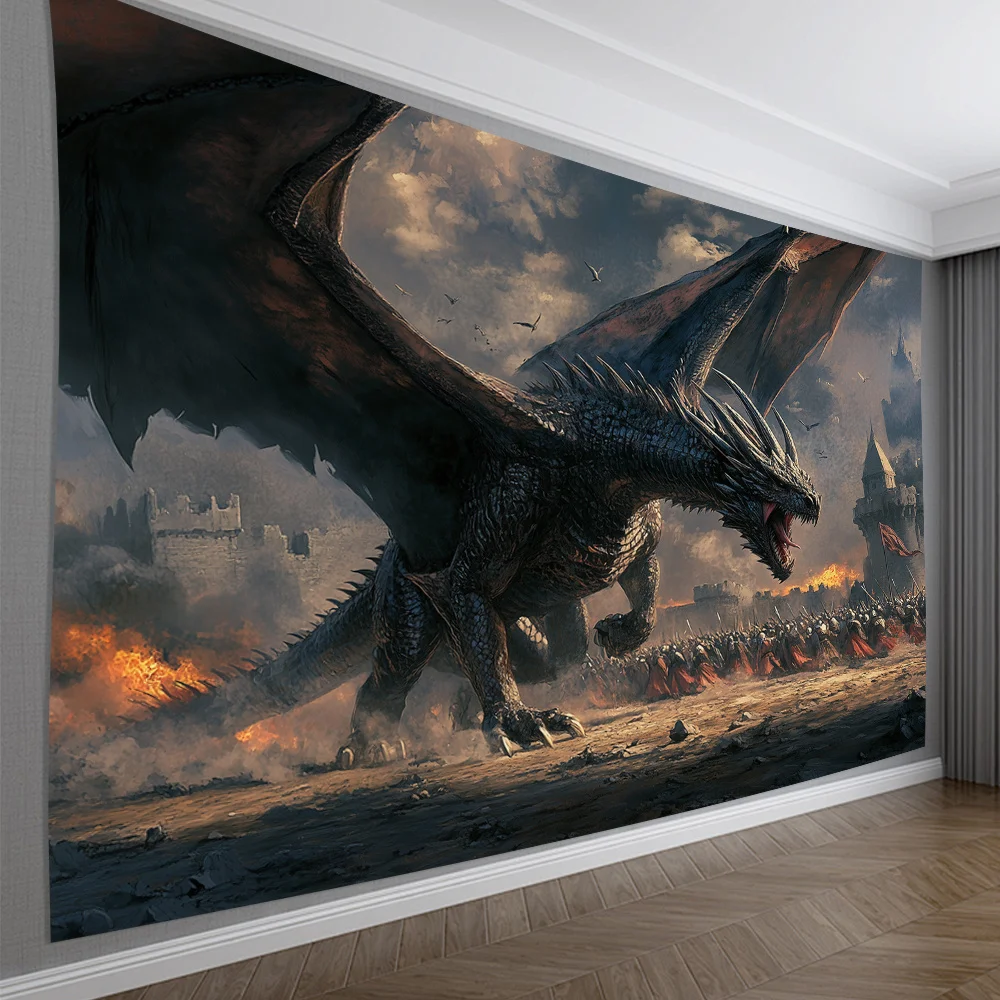 Vintage Dragon Tapestry - Mythical Creature Destruction Scene, Polyester Wall Art for Home/Office Decor & Unique Gift Idea
