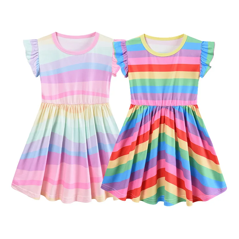 Little Hand Girls Short Sleeve Swing Dress Toddler Ruffle Flutter Sleeve Rainbow Stripe Summer Casual Princess Dresses for 2-7T