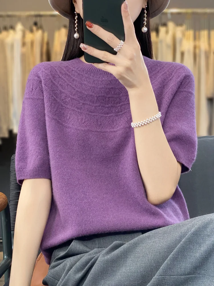 

High-End 00% Wool Knitted ort Sve Women's round Ne Five Sve Wool Base irt Spring Summer Loose Fit