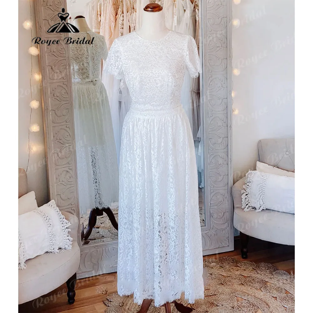 

Tea-Length Lace Two Pieces Short Sleeve Women Wedding Dress 2023 Bridal Receipt Dinner Party Gown vestido de novia corto Elegant