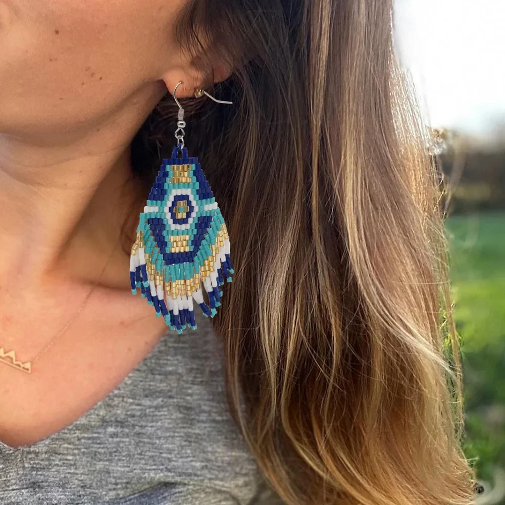 

Fringe Earrings Hand knitting Beading Simple Bohemia blue diamond geometry alloy ma'am Rice Bead Earrings