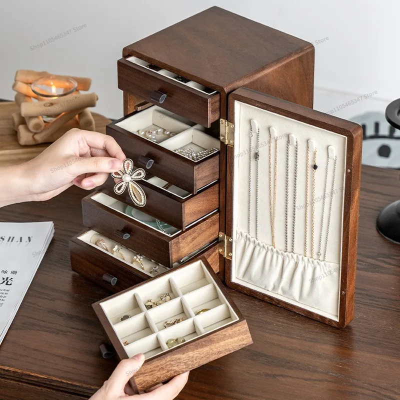For Solid Wood Jewelry Box Walnut Multi-layer Earrings Necklace Jewelry Storage Box
