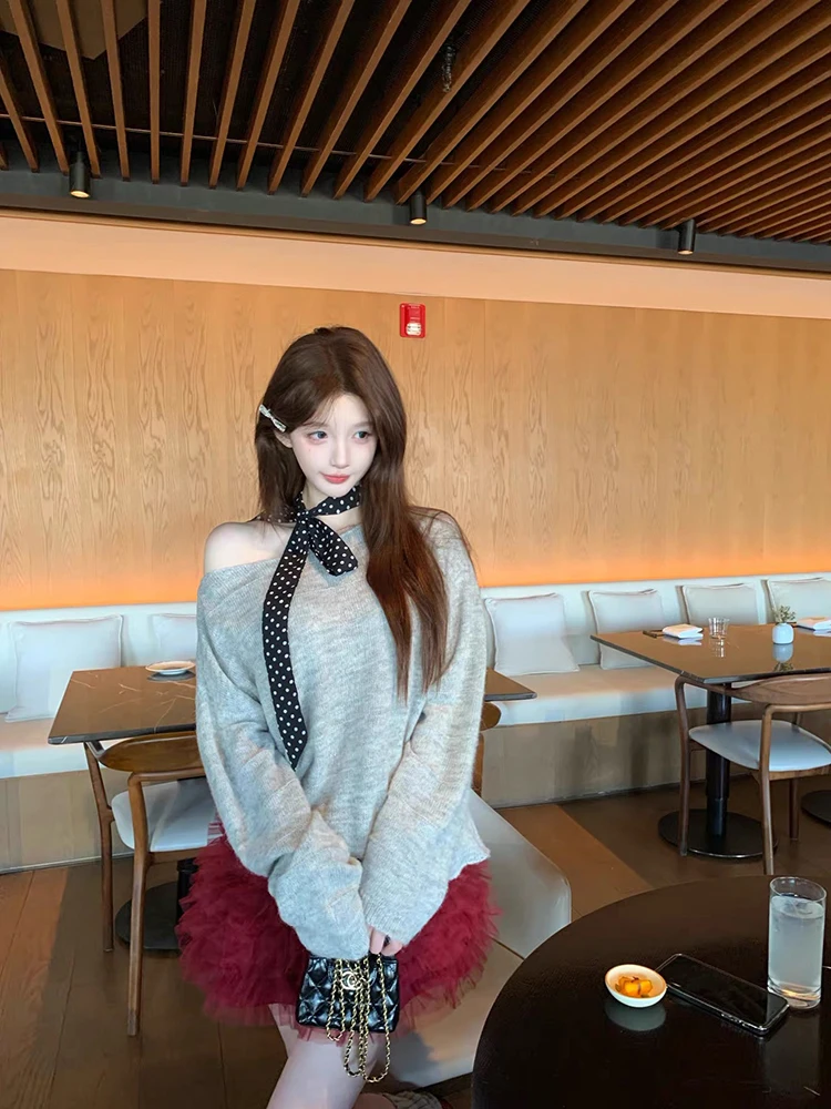 

Women's Soft Sweet Sle Long Sve Knitted Sweater Top High Waist Cake Skirt Two Piece Set Autumn Spring Casual Faion