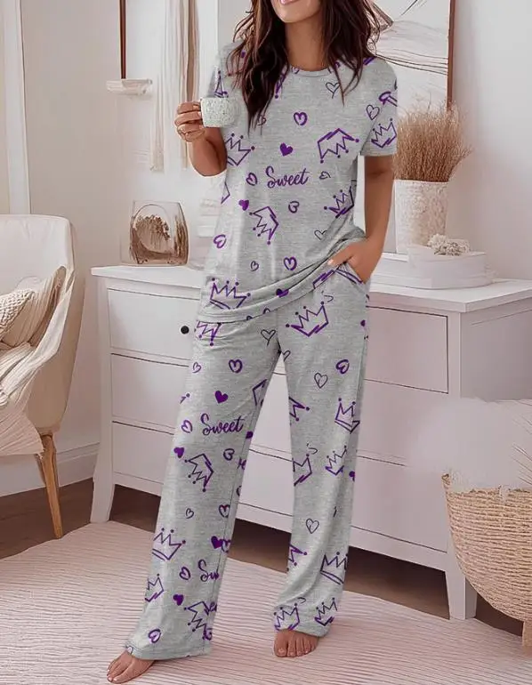

Women's Sleepwear Set Summer New Letter Crown Print Round Neck Short Sleeved T-Shirt Straight Leg Pants Set Suitable for Home